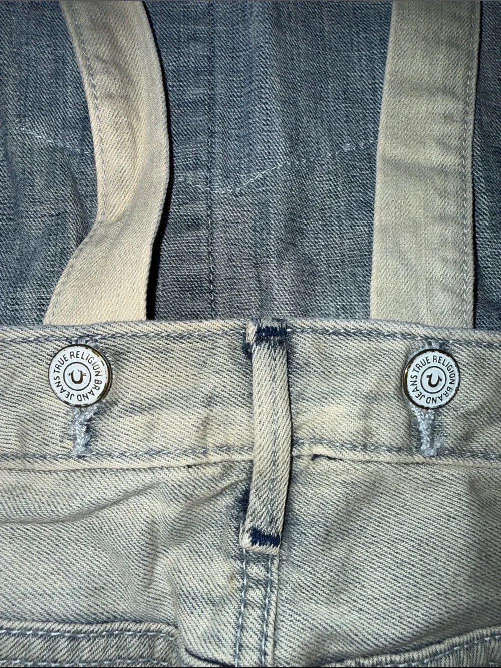 True Religion Two-Tone White Beige and Dark Blue Denim Short Overalls